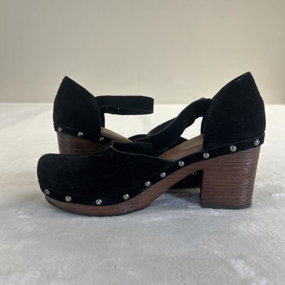 Korks Evah Clog Chunky Wood Block Heel Black Suede Leather Studded Strap Y2K 7.5 - Picture 8 of 13